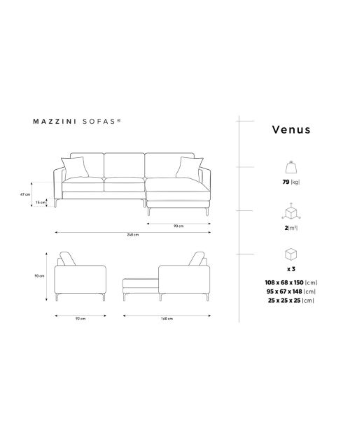 Canapé d'angle Droit Velours Venus 4 Places gris - 248x160x90 cm