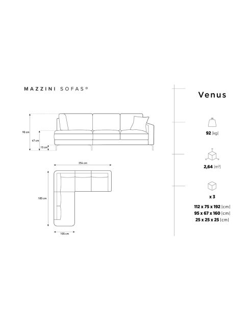 Canapé d'angle Gauche Velours Venus 5 Places beige clair - 254x185x90 cm