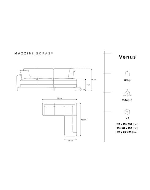 Canapé d'angle Droit Venus 5 Places gris foncé - 254x185x90 cm