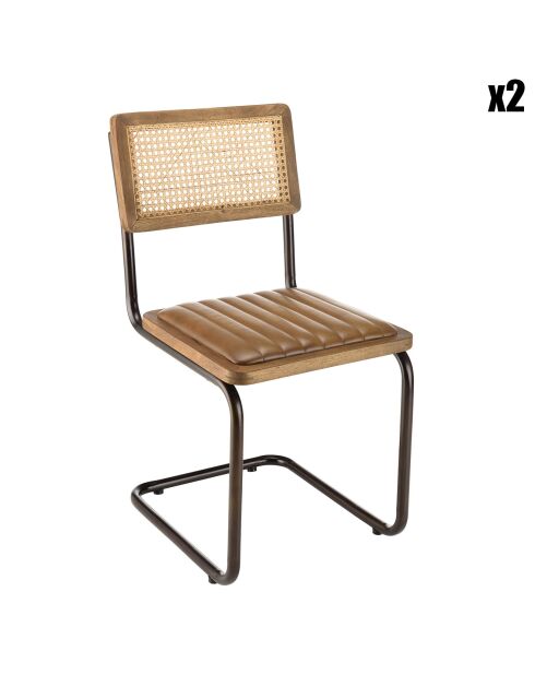 2 Chaises en Manguier assise matelassée en Cuir pieds rétro marron - 44x54x89 cm