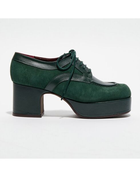 Derbies en Cuir et Velours de Cuir Mam vertes - Talon 7 cm