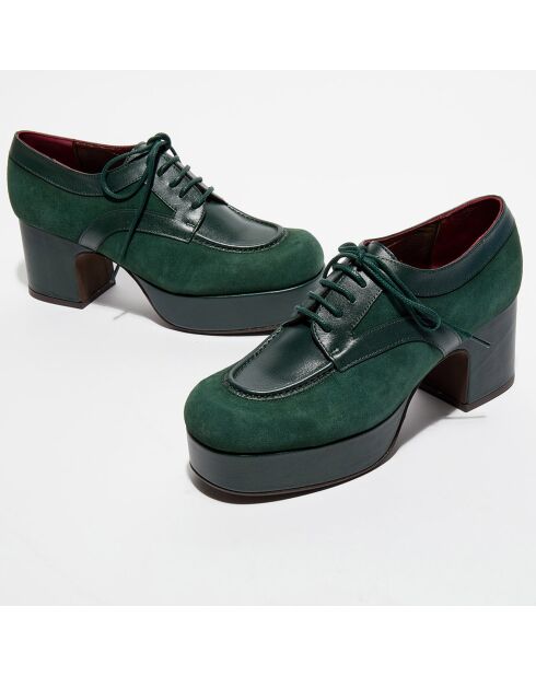 Derbies en Cuir et Velours de Cuir Mam vertes - Talon 7 cm