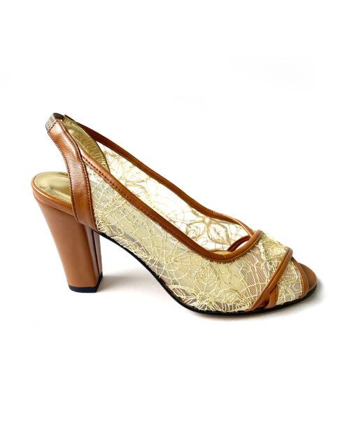Slingbacks en Cuir Katia cognac/beige - Talon 7 cm