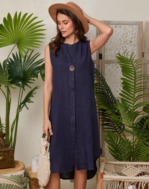Marineblaues Kleid Cloe aus 100% Leinen