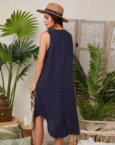 Marineblaues Kleid Cloe aus 100% Leinen