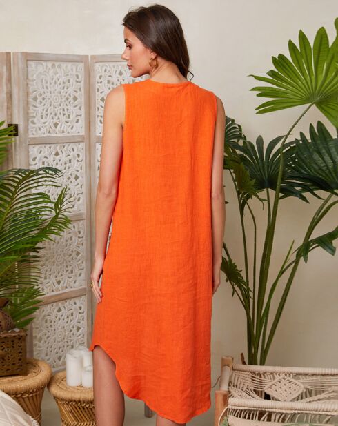 Cloe oranje jurk van 100% linnen