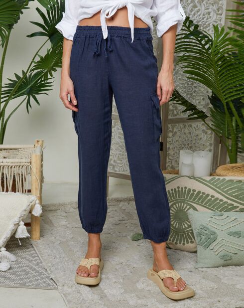 Marineblauwe broek Liane van 100% linnen