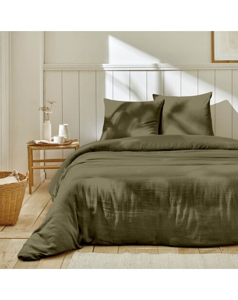 Parure housse de couette 100% Gaze de Coton kaki