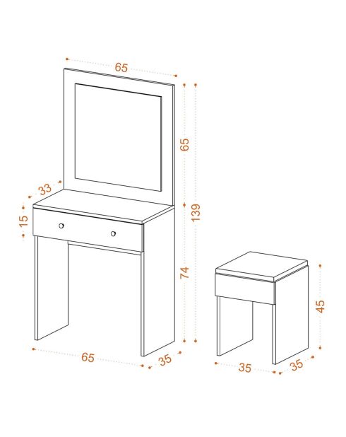 Coiffeuse Azura doré/blanc - table de maquillage : 65x139x35 cm
