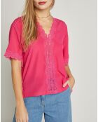 Blouse en Soie mélangée & dentelle Pacific fuschia