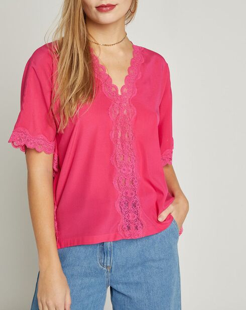 Blouse en Soie mélangée & dentelle Pacific fuschia
