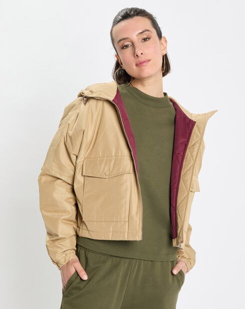 Blouson court à capuche poches zip beige