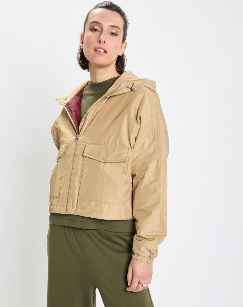 Blouson court à capuche poches zip beige