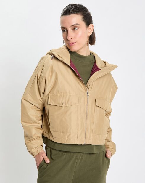 Blouson court à capuche poches zip beige