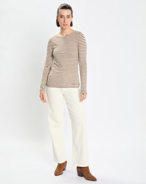 T-Shirt Col Bateau Coton bio flammé rayé marron/écru