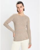 T-Shirt Col Bateau Coton bio flammé rayé marron/écru