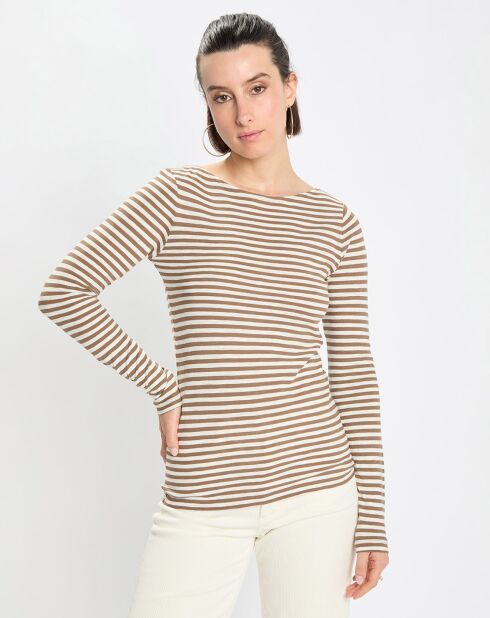T-Shirt Col Bateau Coton bio flammé rayé marron/écru