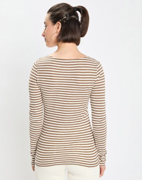 T-Shirt Col Bateau Coton bio flammé rayé marron/écru