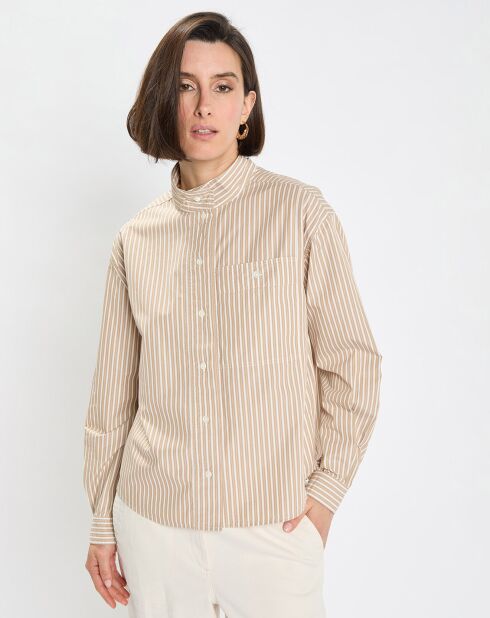 Chemise à rayures col mao beige