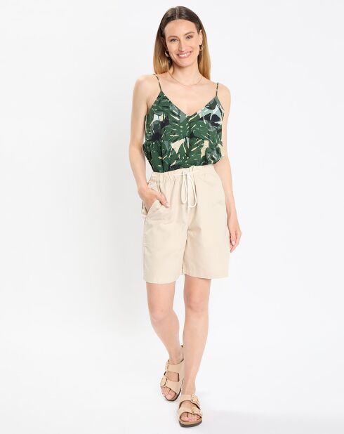 Beige korte broek met elastische taille van katoen en linnen
