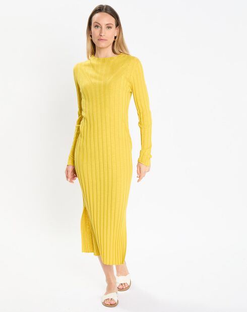 Maxi abito giallo a costine in cotone e lino