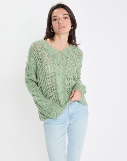 Pull en Coton, Alpaga et Laine mélangés Col V à torsades vert