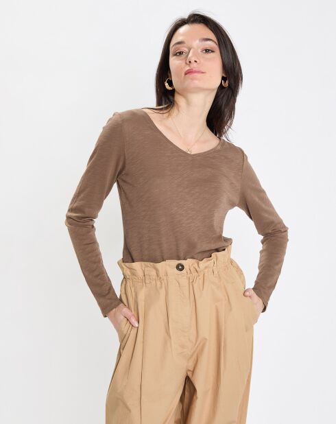 T-Shirt Col V en Coton flammé kaki