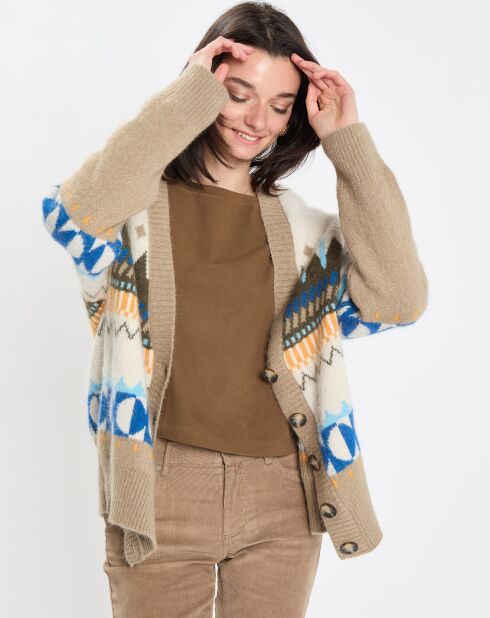 Cardigan en Alpaga, Laine & Cachemire mélangés jacquard graphique multicolore