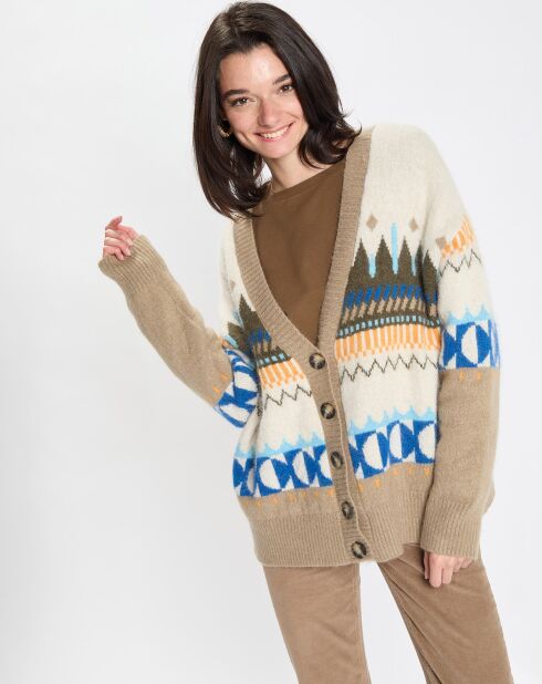 Cardigan en Alpaga, Laine & Cachemire mélangés jacquard graphique multicolore