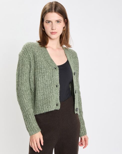 Gilet en Coton, Laine & Alpaga mélangés grosse maille chiné vert foncé