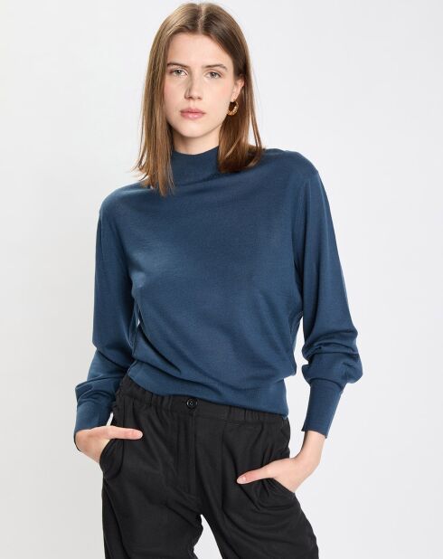 Pull 100% Laine vierge Col montant bleu marine