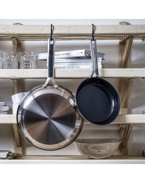 2 Poêles acier inoxydable revêtement céramique induction argenté/noir - D.20/D.28 cm