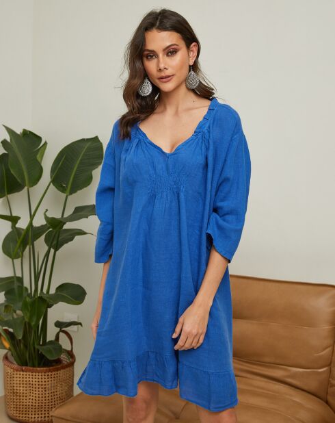 Jasmine elektrische blauwe jurk van 100% linnen