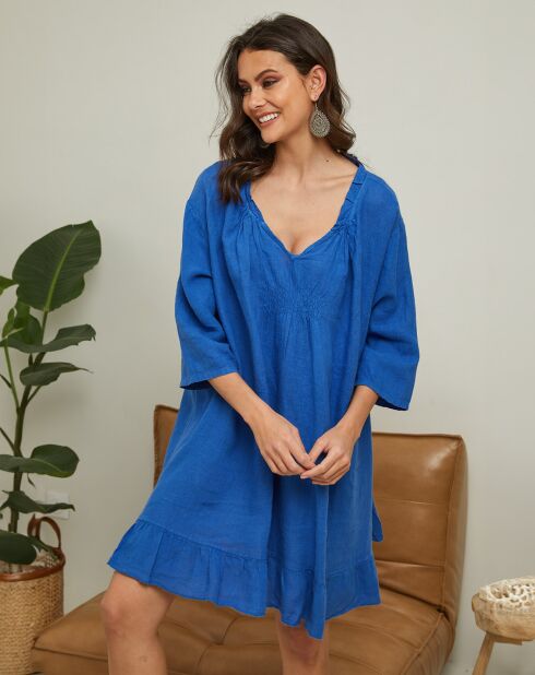 Jasmine elektrische blauwe jurk van 100% linnen