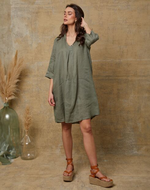 Khaki-Kleid Mouna aus 100% Leinen