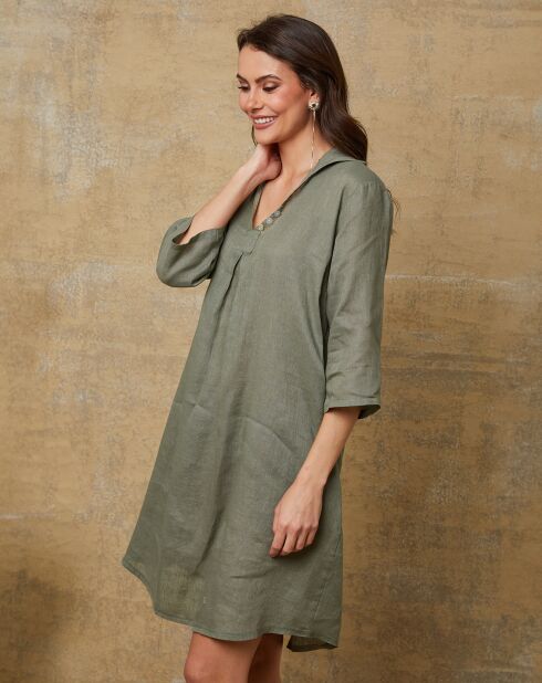 Khaki-Kleid Mouna aus 100% Leinen