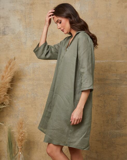 Khaki-Kleid Mouna aus 100% Leinen
