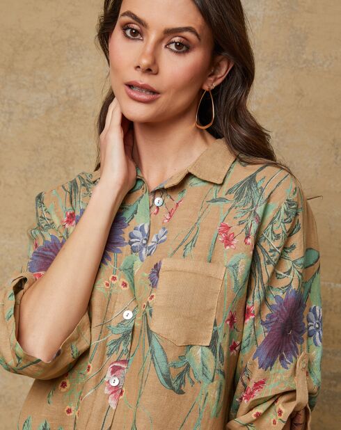 Kamelfarbenes Pardess-Kleid aus 100% Leinen