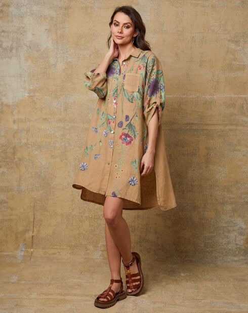 Kamelfarbenes Pardess-Kleid aus 100% Leinen