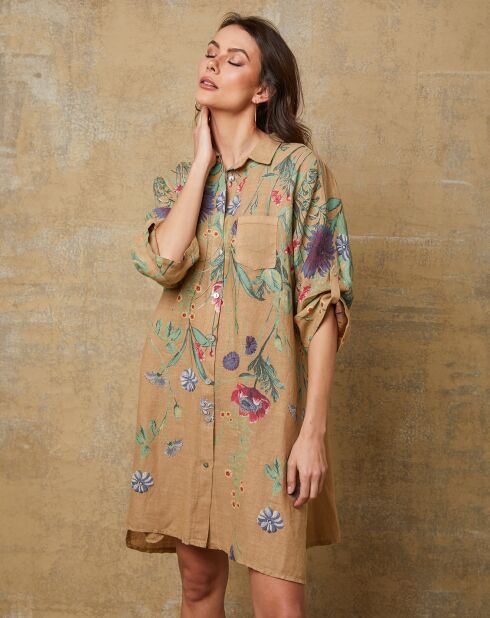 Kamelfarbenes Pardess-Kleid aus 100% Leinen