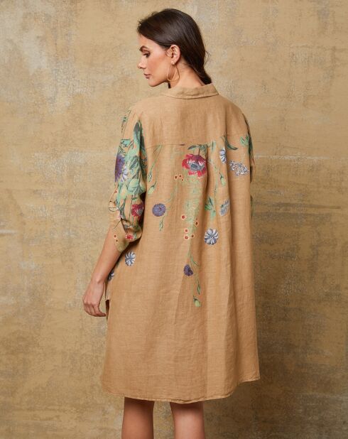 Kamelfarbenes Pardess-Kleid aus 100% Leinen