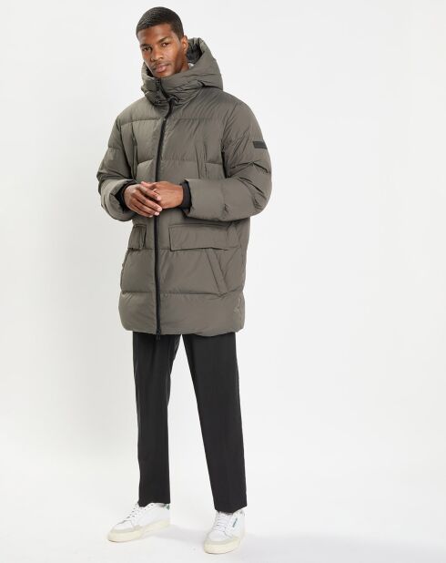 Parka Puffa mi-longue à capuche kaki gris