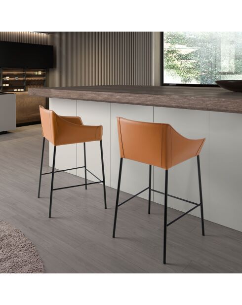 Tabouret avec assise et dossier en similicuir marron/noir mat - 59x55x92 cm