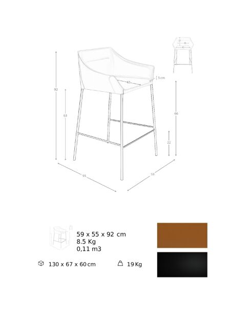 Tabouret avec assise et dossier en similicuir marron/noir mat - 59x55x92 cm