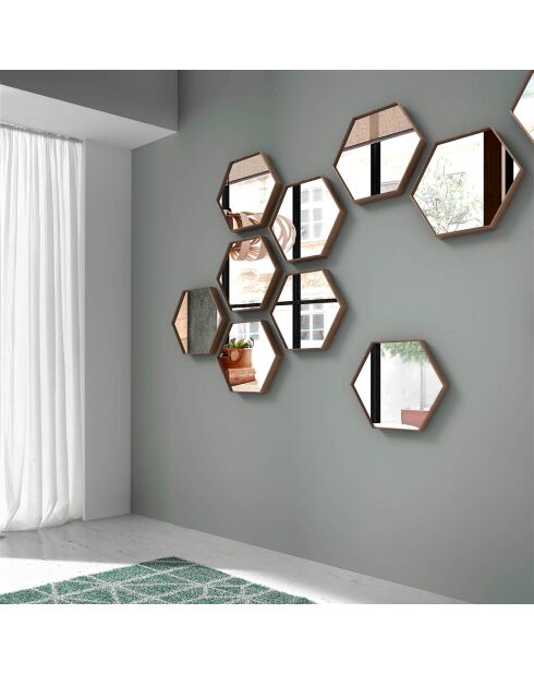 Miroir mural hexagonal avec cadre en bois - 46x40x6 cm
