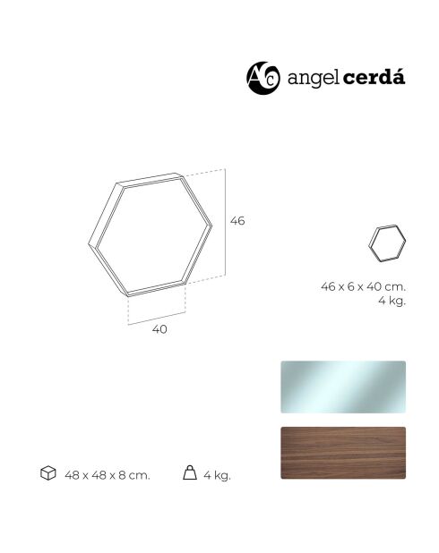 Espejo de pared hexagonal con marco de madera - 46x40x6 cm