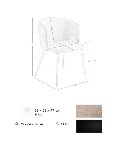 Chaise en tissu marron/noir mat - 58x58x77 cm