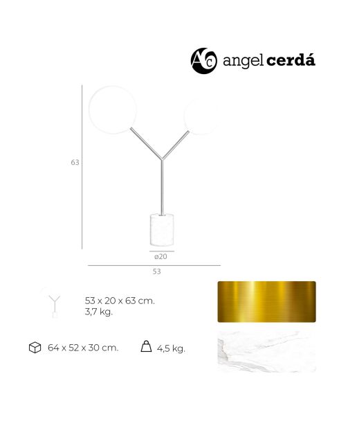 Tafellamp met goud/witte porseleinen marmeren voet - 53x20x63 cm