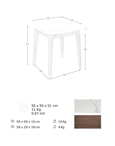 Vierkante hoektafel met porseleinen marmeren blad wit marmer - 50x50x51 cm