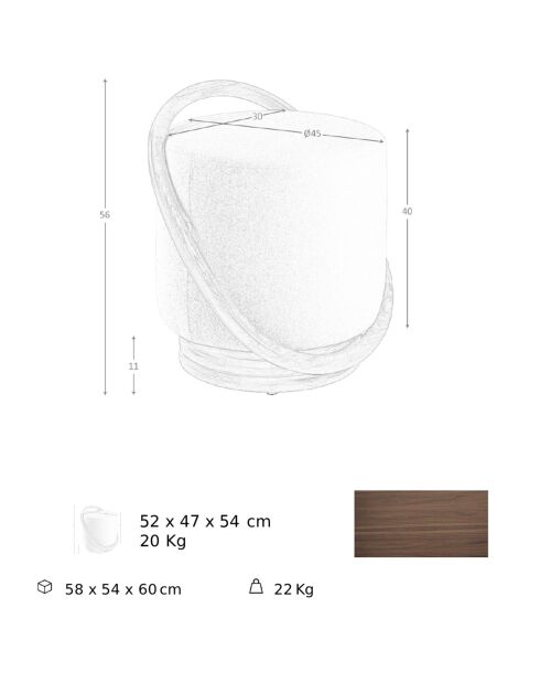 Pouf en tissu blanc/noyer - 52x47x54 cm
